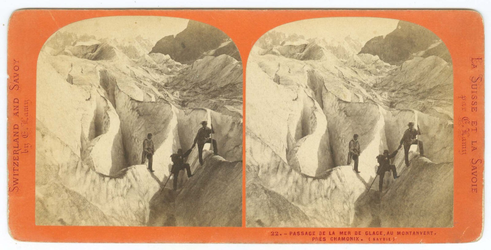 D0829~ FRANCE - E.LAMY – Climbing Glacier Montanvert Chamonix  c.1870 Stereoview