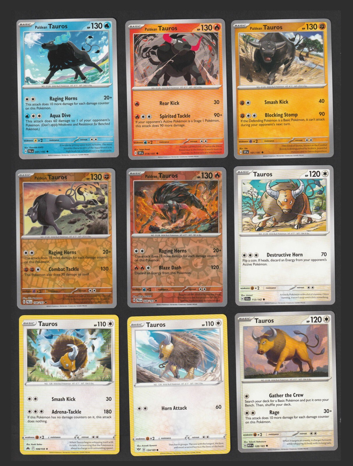 Paldean Tauros Pokemon Card Collection Set of 9 English Cards Reverse Holo Rare