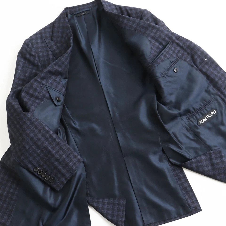 TOM FORD Lining Silk Blend Check Pattern Single 3 Piece Suit Setup Navy 44 JAPAN - Image 4 of 4