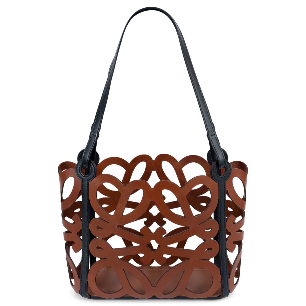 【LOEWE】 カラバリあり♪ Anagram cut-out Bag 69222 auth LOEWE cognac brown & black leather ANAGRAM SMALL