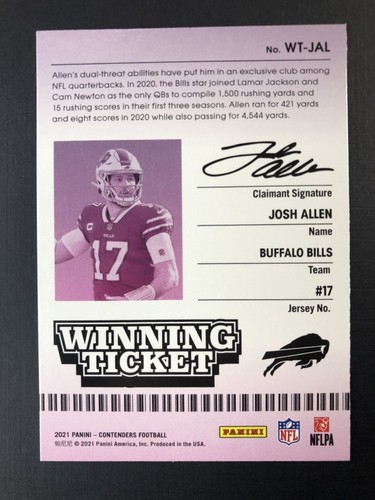 2021 Josh Allen Panini Contenders Winning Ticket Buffalo Bills # WT-JAL - Picture 2 of 2