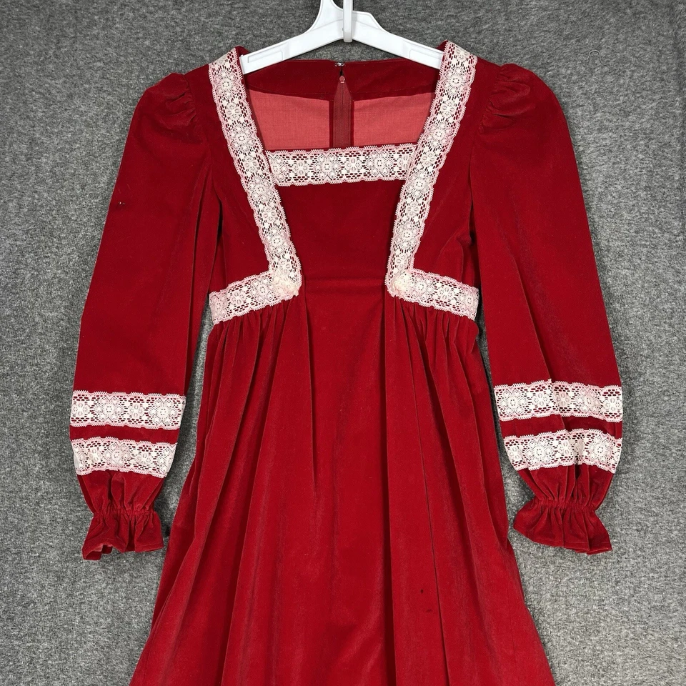 Maxi Vestido Hecho a Mano Vintage Para Mujer Talla S Rojo Terciopelo Años 70 Vacaciones Romántico Foto 2 de 4
