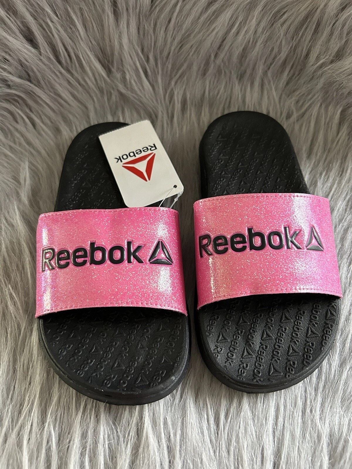 Scarpe sandali slip on Reebok Slides bambina taglia 1 rosa nero scintillante glitter