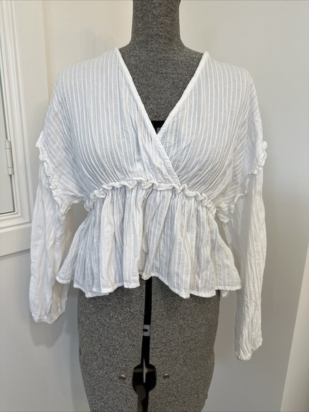 Nara Boho White cotton frill peplum top M L 10 12 Waffle Stripe Textured