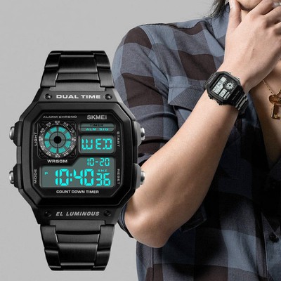 Water-Resistant 50m Sports Watch with Double-Sided Button and Stainless Steel Ba