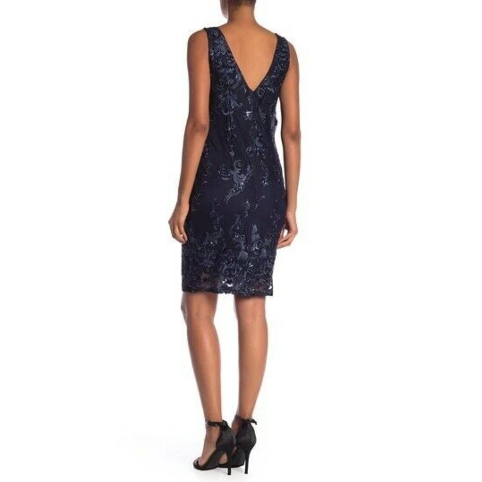 MARINA Navy Blue Sequin Embellished V-Neck Sleeveless Mini Evening Dress Size 8 - Image 2 of 4