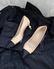 Auth Chanel Classic Beige/ Black Cap Toe Pearl Pumps - Size 38