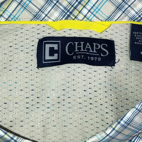 CHAPS Mens Button Down Shirt Blue Plaid Short Sleeve Polyester Large Lightweight - Picture 4 of 12