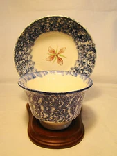 Staffordshire Blue Spongeware Hand Painted Flower Tea Bowl & Saucer early 19th c