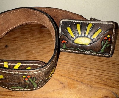 vintage TOOLED buckle belt WESTERN leather 34 desert  display picture 1