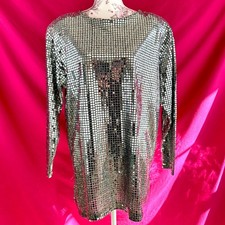Vintage 1980s Silver Metallic Disco Top Medium Liquid Metal Tunic NYE Party Glam