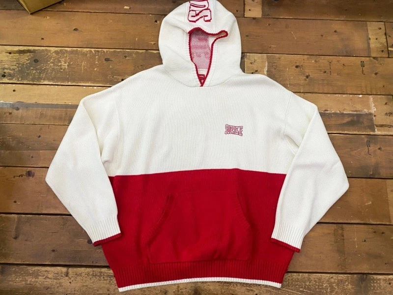 Pull à capuche Supreme 21AW 2 tons taille L blanc cassé rouge 2 tons tricot sweat à capuche