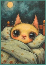 ACEO 2.5x3.5 watercolor painting - cat kitten bed fantasy surreal