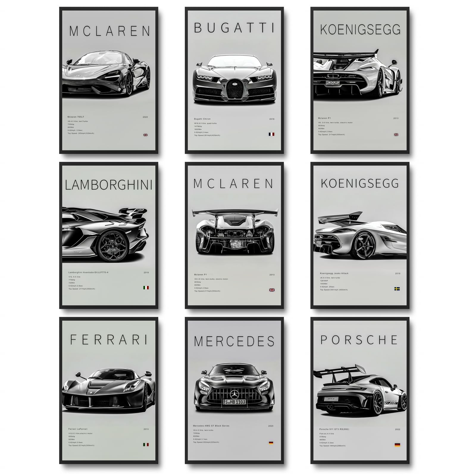 dazongweihan 9pcs Super Car Posters for Boys Room, Racing Car Wall Art for Me...