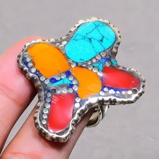 Yellow Red Coral Tibetan Turquoise Boho Nepali Jewelry Adjustable Ring SR 3352