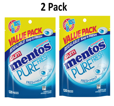 (PACK OF2) Mentos Pure Fresh Mint Sugar Free Gum Extra Value Pack 120 Count