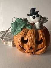 Hand Painted Porcelain Lighted Pumpkin And Ghost 1992. Works