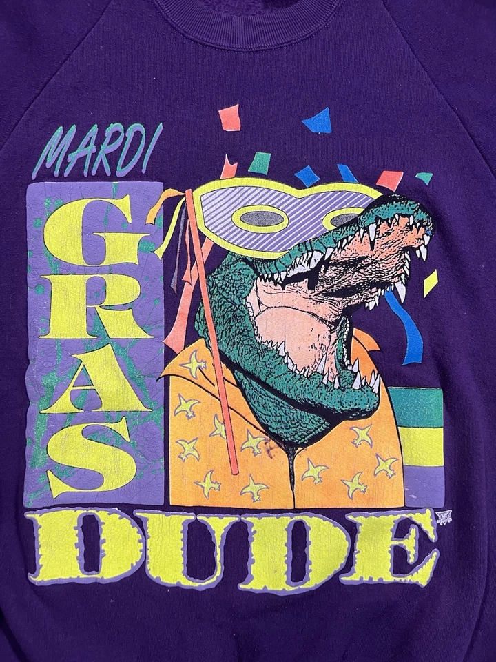 Mardi Gras Sweatshirt Size L Vintage Mardi Gras Alligator 90s Purple Jerzees USA - Image 3 of 4