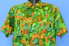 vintage 60s ROYAL HAWAIIAN GREEN ORANGE FLORAL LOOP COLLAR ALOHA SHIRT XL