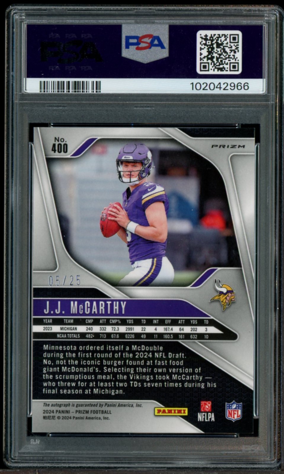 2024 Panini Prizm Blue Shimmer #400 JJ McCarthy RC Rookie AUTO 5/25 PSA 10 view 2