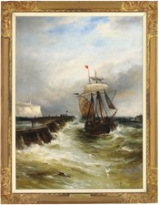 Shipping off the Coast Antique Oil Painting by Gustave de Breanski (c.1856-1898)