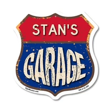 Stan's Garage Shield Shaped Sign Weather Resistant Crafted in the USA