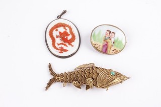 Antique Silver Chinese Japanese Painted Brooches Filigree Fish Pendant x3 30g