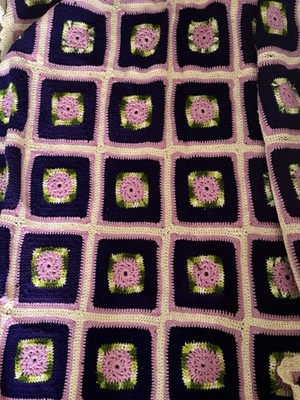 Vintage Crochet Blanket Afghan 3D Flowers Purple, Pink Granny Squares 74  X 113 