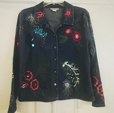 Y2K Ann Trinity Floral Embroidered Beaded Denim Jacket Womens L Stretch Festival