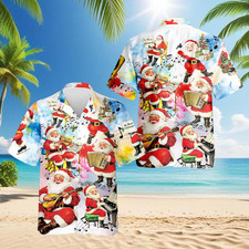 Santa Band Christmas Hawaiian Shirt Musical Xmas Holiday Aloha Party Top