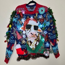 Ugly Christmas Sweater Santa Cow LIGHTS UP Tinsel Xmas Party Winner Size Medium