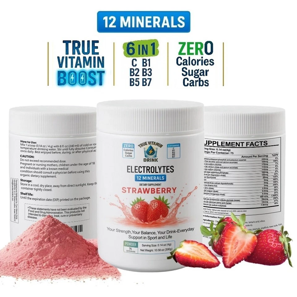 Electrolyte Complex Hydration Powder | 6 Vitamins + 12 Minerals | Strawberry - Image 2 of 4