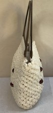 Vintage Macrame Crochet White Bag Purse Double Wooden Handles Brown Beads Boho