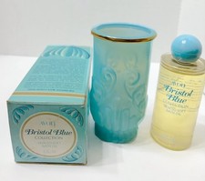 Vtg 70s Avon BRISTOL BLUE open top TUMBLER  SKIN SO SOFT BATH OIL 5 oz Orig BOX