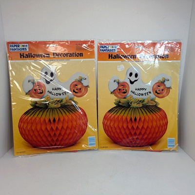 Paper Fantasies 1990 Halloween Decoration Honeycomb Pumpkin Ghost (Lot of 2) NEW