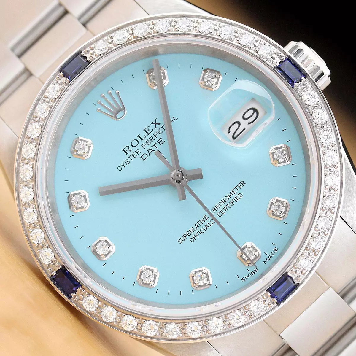 ROLEX MENS OYSTER PERPETUAL DATE 34MM AQUA DIAMOND SAPPHIRE | eBay