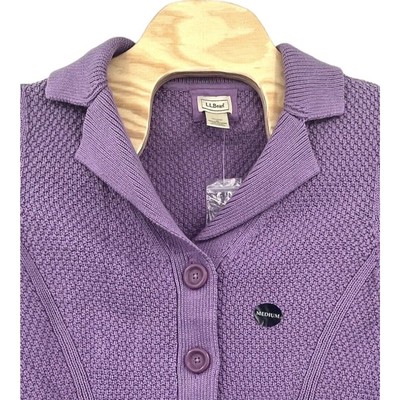 L.L. Bean Notch Collared Cotton Chunky Knit Cardigan Sweater Purple Size M NWOT