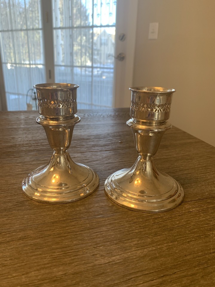 Two (2) Reed & Barton Sterling Silver Candle Stick Holders With Amber