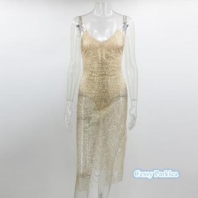 Gold Silver Sequin Mesh Stretchy Night Club-Wear Straps V-neck See-Through Dress