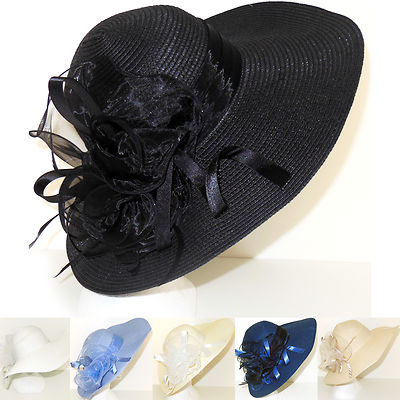 Cappello Cerimonia elegante donna Falda Larga blu nero bianco avorio avion  D0607