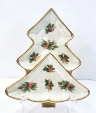 Vtg Lusterware Japan Ucagco  Ceramics Christmas Tree Holly Divided Dish EUC 