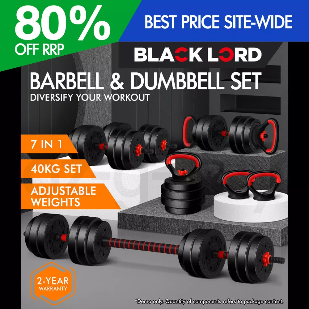 BLACK LORD 40kg Dumbbell Set 7in1 Adjustable Barbell Kettlebell
