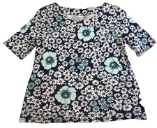 Talbots Womens Top Sz S Blue Floral Print Pima Cotton Round Neck Short Sleeve