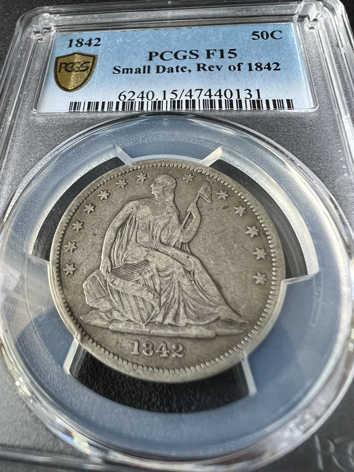 Medio dólar de plata Liberty Seated 1842 raro fecha pequeña rev de 1842 graduación profesional F15 Foto 3 de 4