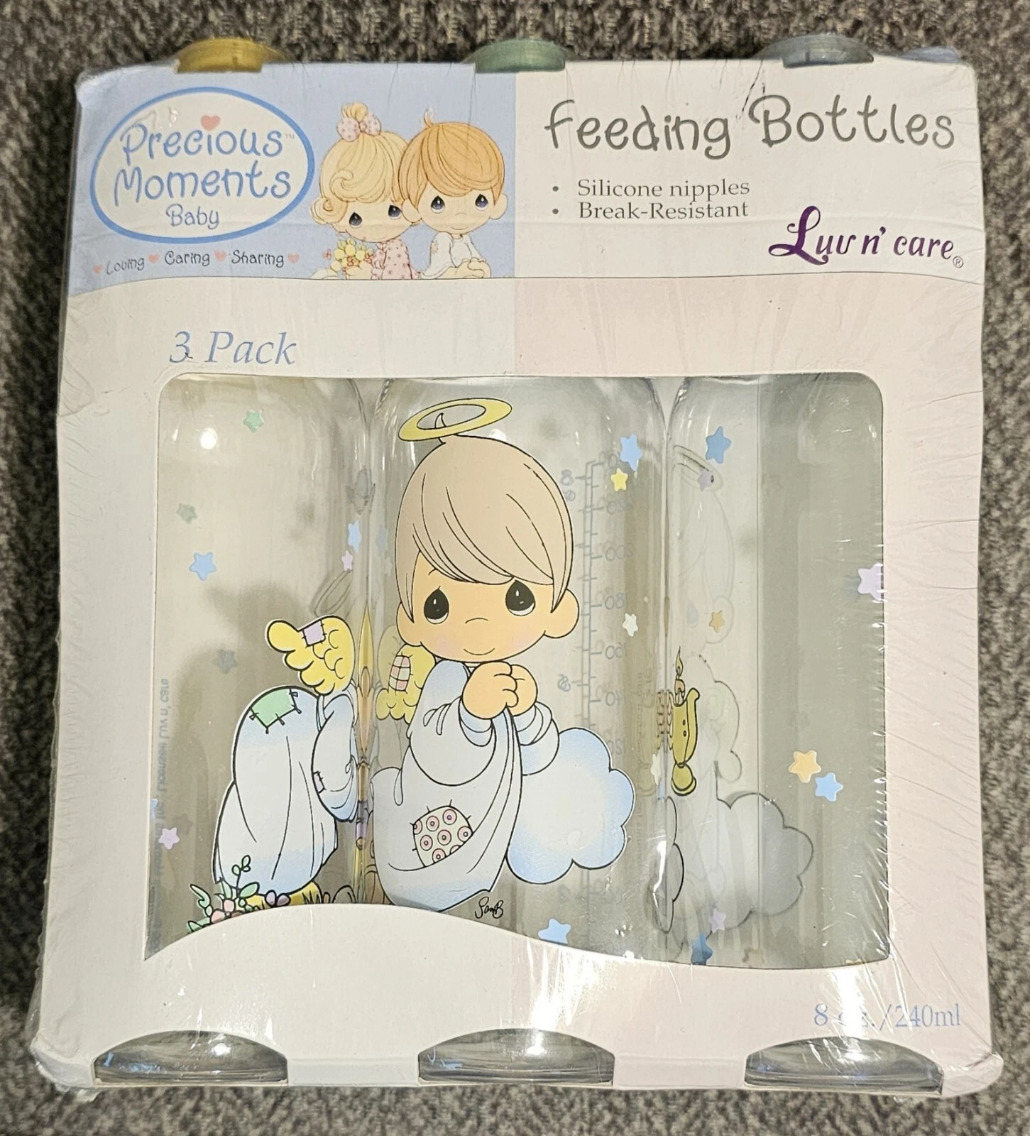Vintage 2002 Baby Bottles 3-Pack 8-OZ Luv N' Care Precious Moments Angel Boy New