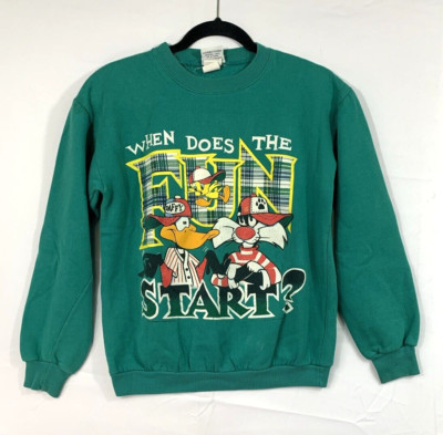 Vtg 1996 Looney Tunes When Does The Fun Start? Green Crewneck L/XL