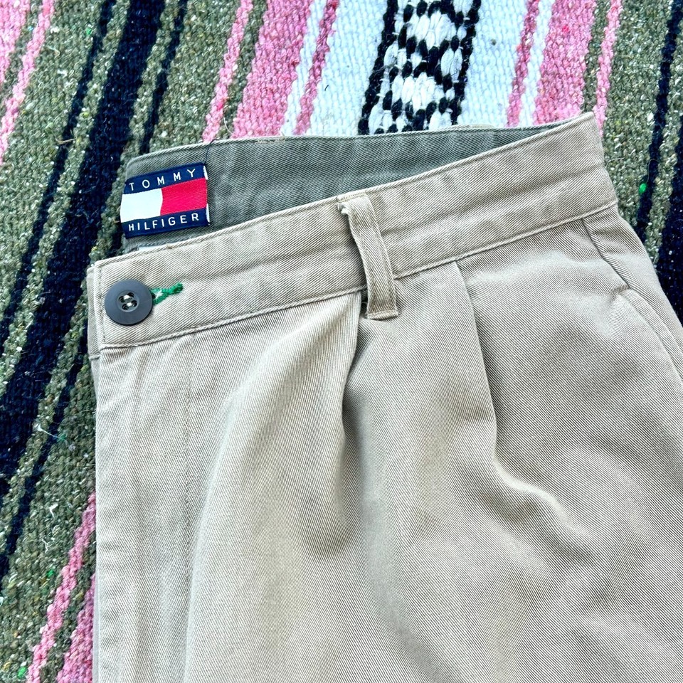 Vintage Tommy Hilfiger Pants Mens Beige Pleated Khaki Tapered 90s