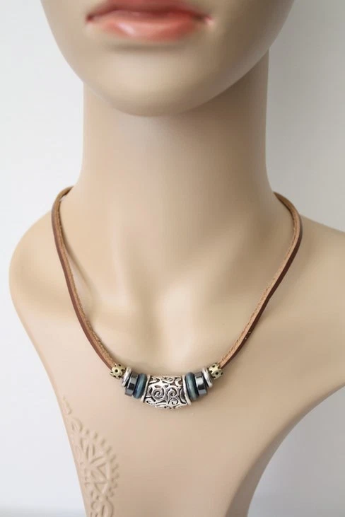 NEW Leather Tibetan Silver Pendant Necklace Bracelet Set Choker Wristband Lot - Image 4 of 4