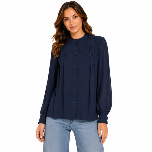 Givenchy, vintage GIVENCHY FOR CHESA Sheer Navy Blue Pintuck Pleated Blouse Size 10