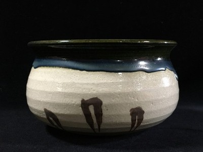 L1786 Vintage Japanese Oribe Ware Kensui Bowl Pottery Green Tea Ceremony Signed